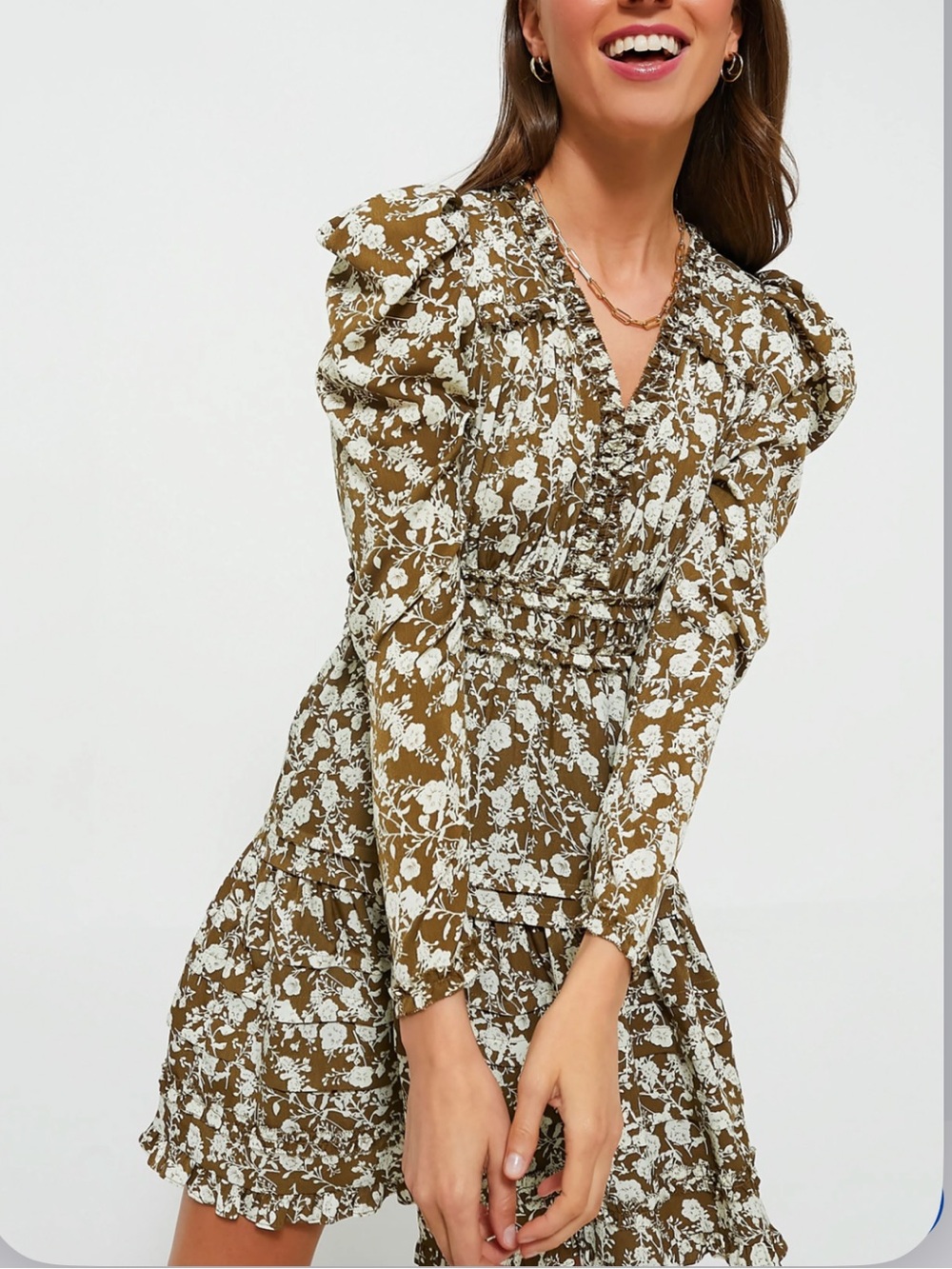 Smocked Waist Floral Mini Dress in Olive Green